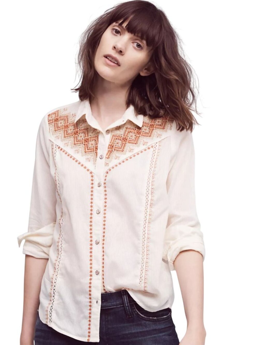 Anthropologie Holding Horses Iverie Embroidered Western Buttondown Shirt Size S